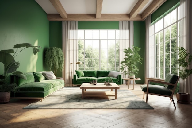 Sala de estar moderna con paredes verdes y muebles IA generativa