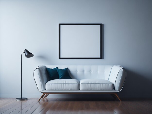 Sala de estar moderna realista con pared de marco de sofá blanco y fondo de pared blanco suave