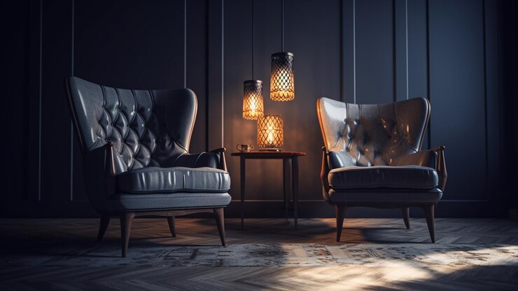 Sala de estar moderna con sillón y lámpara generativa ai.
