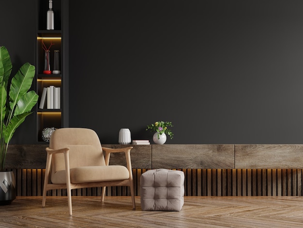 Sala de estar moderna con sillón, mesa, flor y planta en pared negra, representación 3d
