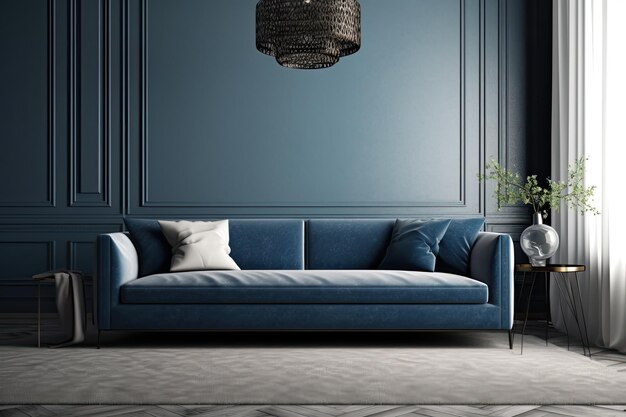Sala de estar moderna con un sofá azul y un elegante candelabro IA generativa