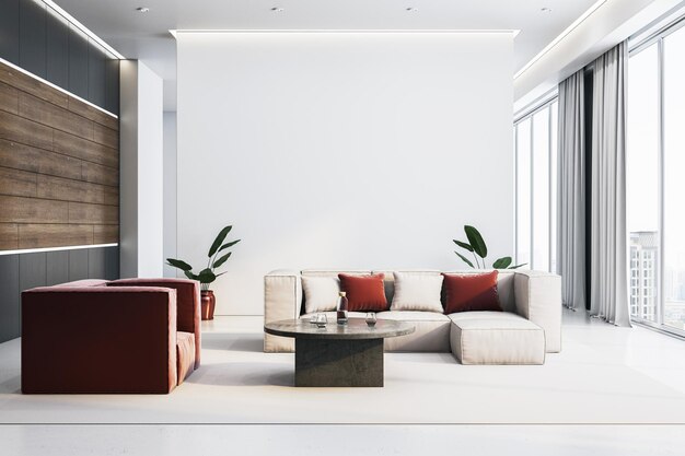 Sala de estar moderna con sofá blanco con acentos rojos y paneles de madera con grandes ventanas con vista a la ciudad Rendering 3D