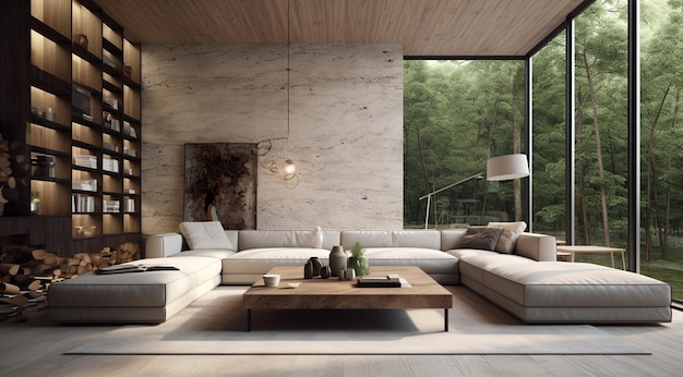 sala de estar moderna con sofá blanco acogedor con ventana grande con vista a la naturaleza generativa IA