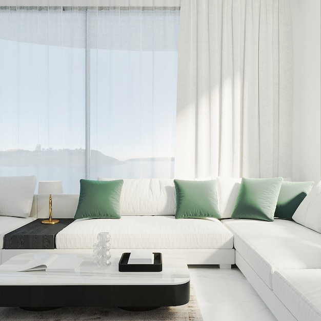 Sala de estar moderna con sofá blanco y cortinas blancas en una habitación muy iluminada, representación 3d