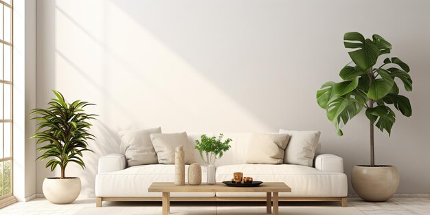 Foto sala de estar moderna con sofá blanco, mesa de café de madera y una variedad de plantas de interior