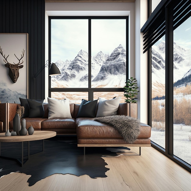 Sala de estar moderna con sofá de cuero ventana grande con vistas panorámicas a las montañas IA generativa