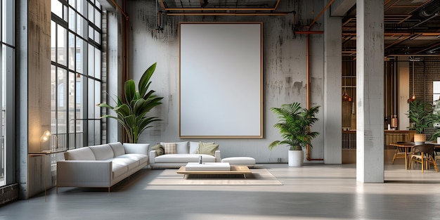 Sala de estar moderna con sofá, mesa y gran ventana con IA generativa
