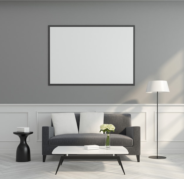 Sala de estar moderna con sofá minimalista y marco de fotos. Representación 3d