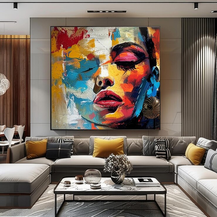 Sala de estar moderna con sofá mural artístico almohadas decorativas y luz natural de grandes ventanas