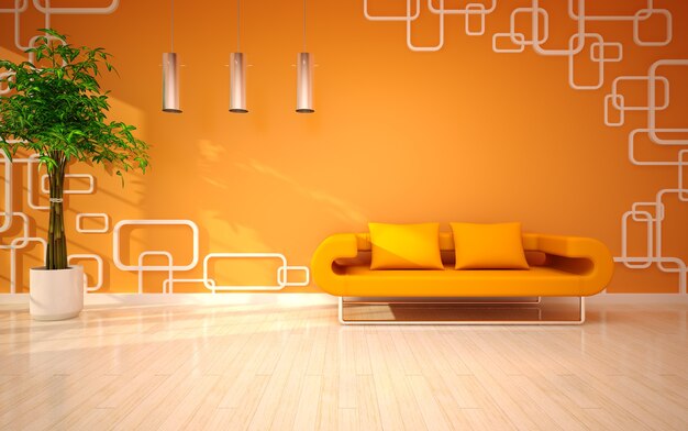 Sala de estar moderna con sofá naranja