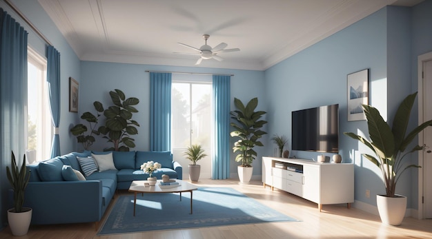 Una sala de estar moderna con sofá y plantas en tono azul