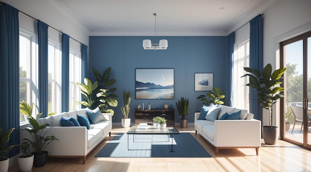 Una sala de estar moderna con sofá y plantas en tono azul