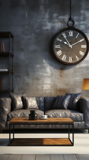 Sala de estar moderna con sofá y reloj de pared
