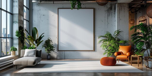 Sala de estar moderna con sofá y silla y gran ventana de IA generativa