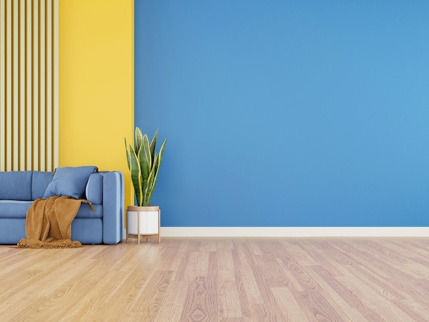 Sala de estar moderna con sofá en el suelo de madera y renderizado 3d de paredes vacías y coloridas