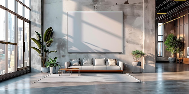 Sala de estar moderna con sofá y ventana grande IA generativa