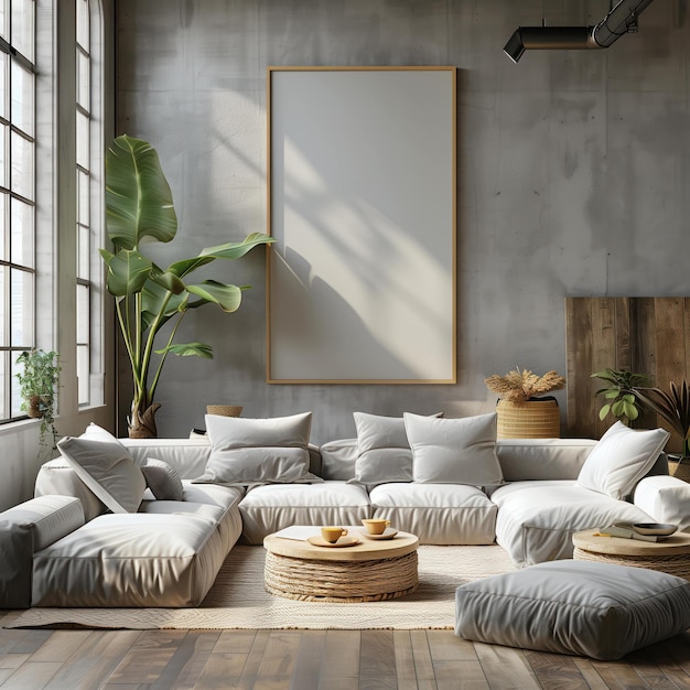 Sala de estar moderna con textura de piedra y maqueta de lienzo en blanco