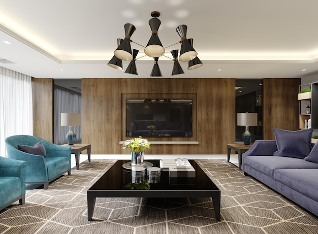 Sala de estar moderna con TV integrada en un panel de pared de madera con una mesa con lámpara