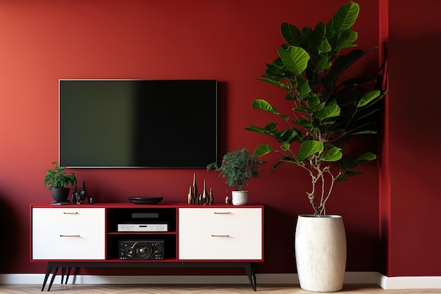 Sala de estar moderna con TV en la lámpara del gabinete y planta contra la pared roja