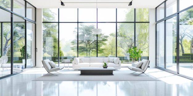Foto sala de estar moderna con ventanas de techo y vista al jardín serena