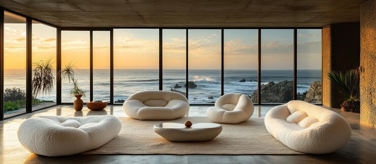 Sala de estar moderna con vistas al océano