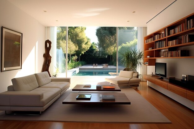 Foto sala de estar moderna con vistas al patio trasero