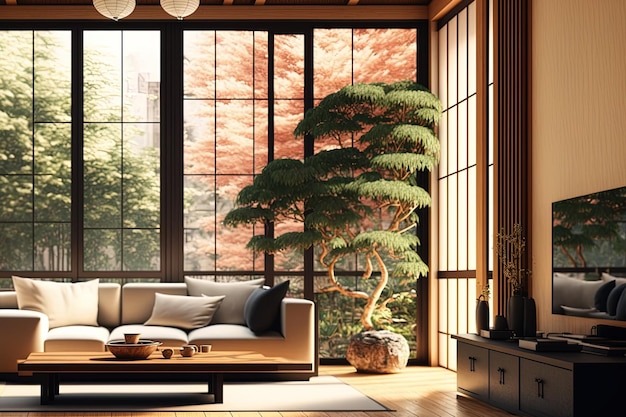 Sala de estar moderna zen de inspiración japonesa con diseño interior de madera