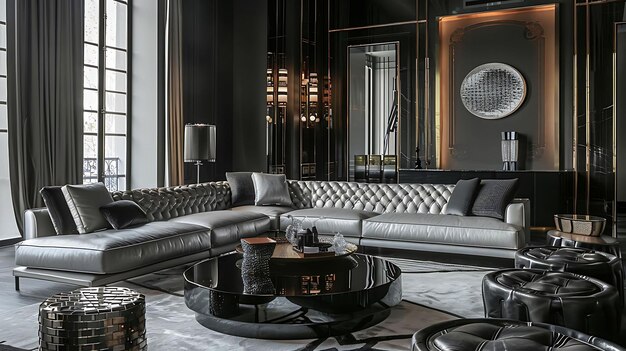 sala de estar monocromática con sofás de cuero elegante almohadas negras y grises y una mesa negra redonda