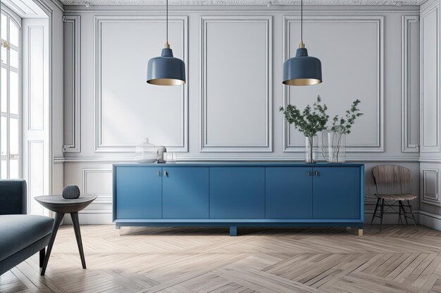 Sala de estar con un mueble azul y dos lámparas IA generativa