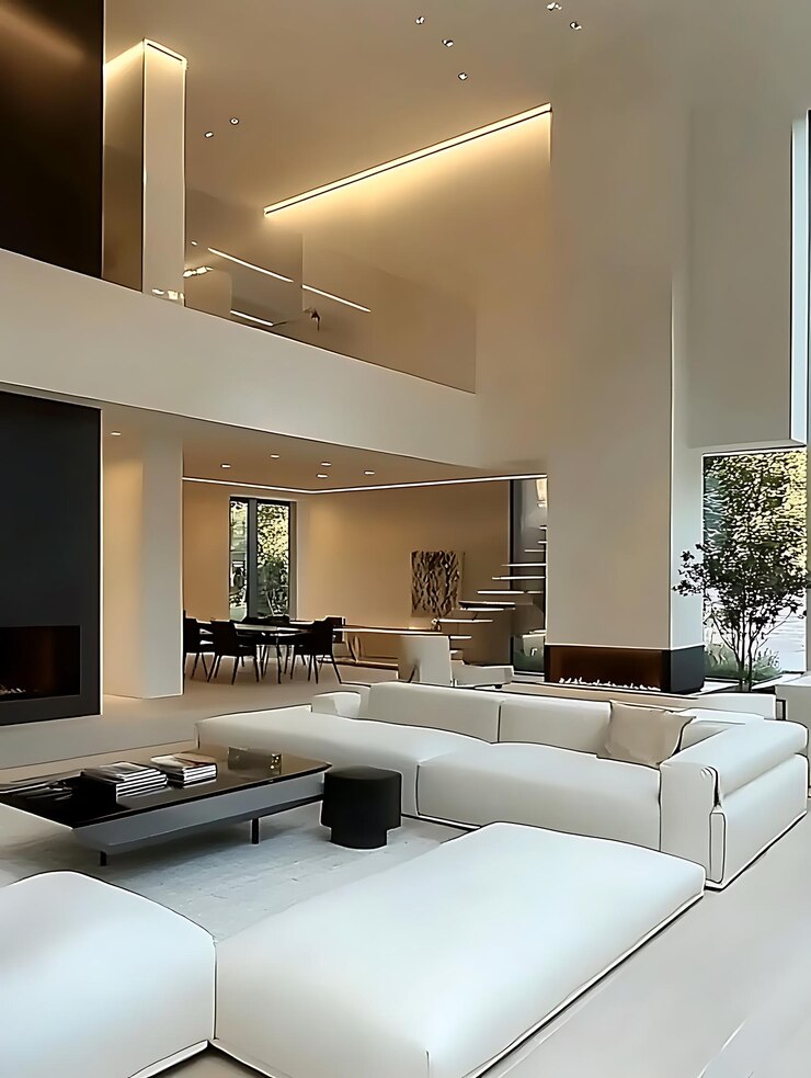 sala de estar con muebles blancos y un gran televisor de pantalla plana