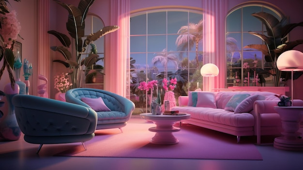 una sala de estar con muebles rosados y palmeras