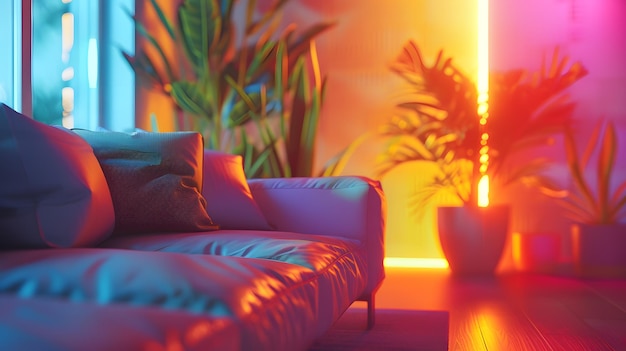 Sala de estar con muebles sofá plantas luces de neón y acentos de madera