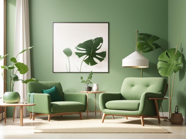 Foto una sala de estar con muebles verdes y una imagen de una mariposa