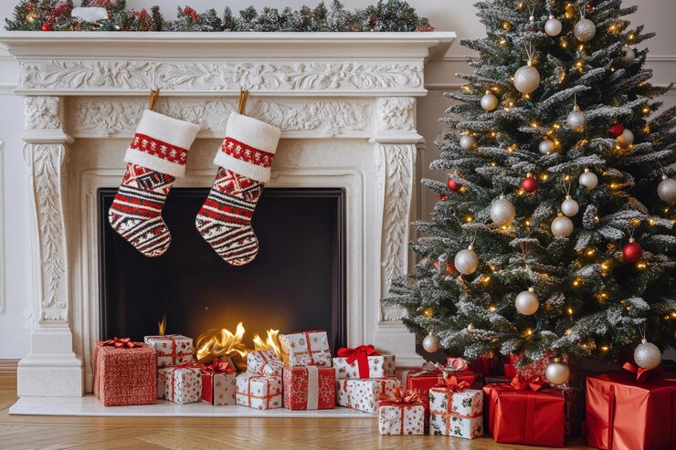 Sala de estar de Navidad bellamente decorada con árbol y medias de chimenea IA generativa