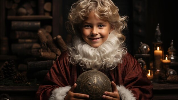 Foto sala de estar de navidad con chimenea en el fondo niño con ropa de papá noel