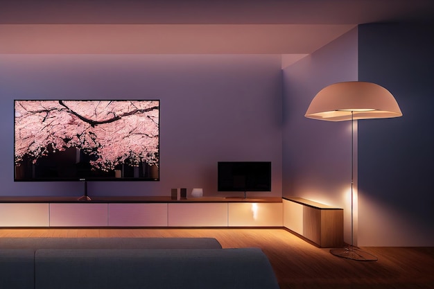 Sala de estar por la noche bajo la iluminación de una lámpara de pie, un televisor grande en la pared sobre el gabinete, ilustración 3d