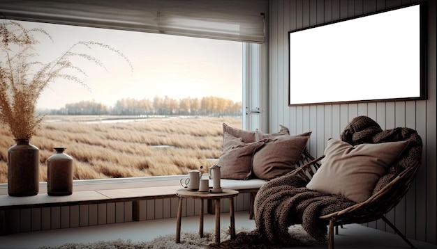 Sala de estar nórdica con sofá individual marrón cerca de una ventana grande con vista archivada IA generativa