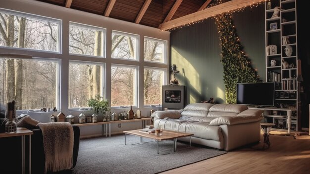 Sala de estar nórdica con techo alto en la casa de madera con vista a los árboles sin hojas IA generativa AIG27