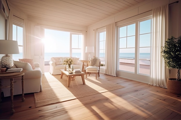 La sala de estar de una opulenta casa de playa tiene vista al mar un piso de madera dura y una pared blanca vacía como...