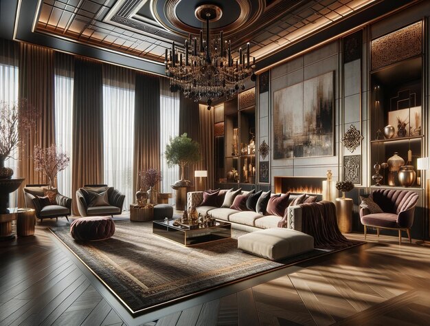Sala de estar opulenta con muebles y candelabro