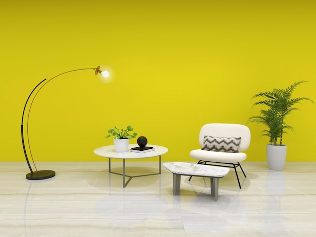Una sala de estar con una pared amarilla y una lámpara con luz.