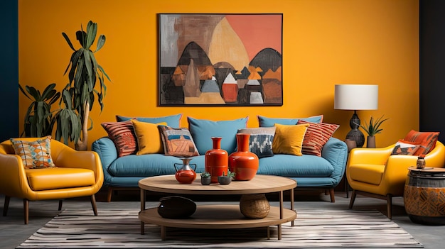 una sala de estar con una pared amarilla y una mesa de café con detalles en naranja y amarillo.