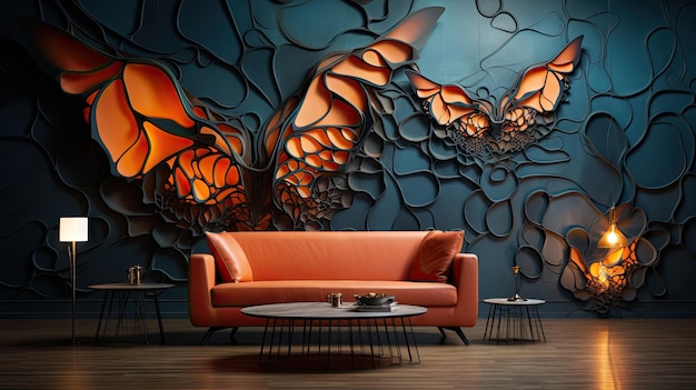 una sala de estar con una pared de arte naranja y negro