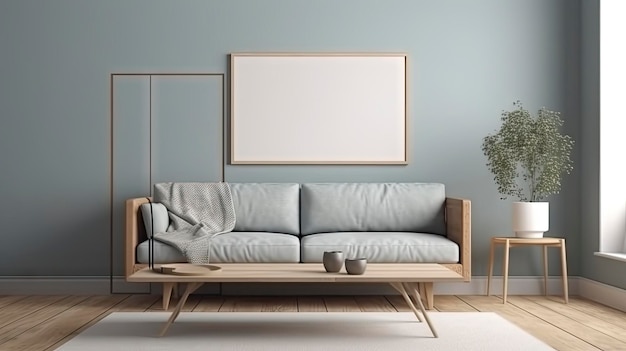 Una sala de estar con una pared azul y un póster enmarcado en blanco que dice "hogar".