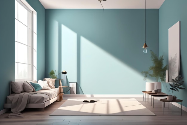 Una sala de estar con una pared azul que tiene un hermoso fondo de sofá con aire generativo