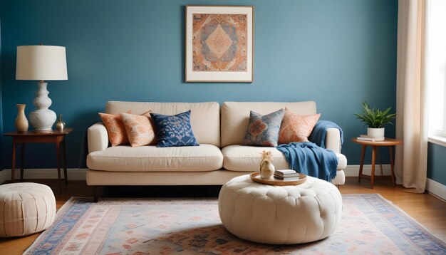 Foto sala de estar con pared azul sofá beige patrón alfombra pouf