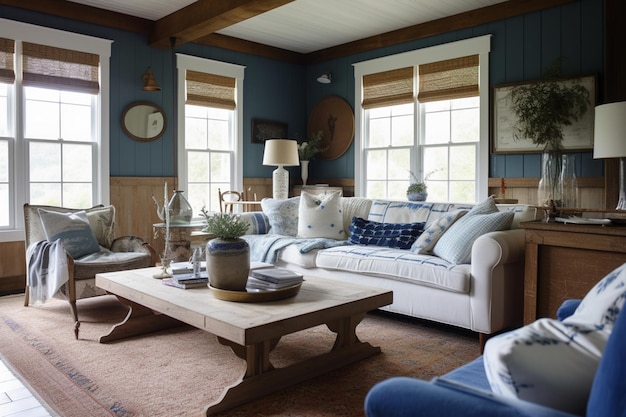 Una sala de estar con una pared azul y un sofá blanco con una almohada azul y blanca.