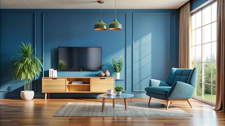 una sala de estar con una pared azul y un televisor con una muralla azul