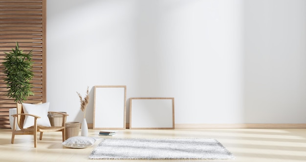 Sala de estar con pared blanca y diseño de maqueta de marco de imagen