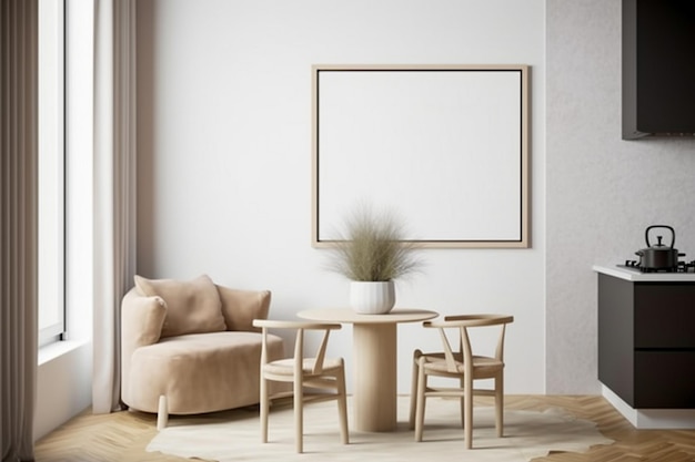 Una sala de estar con una pared blanca y un marco que dice "la palabra hogar"
